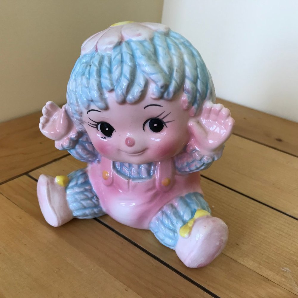 Flower Baby Ceramic Vase Planter Vintage Made in Japan Big Eye Raggedy Doll 7951